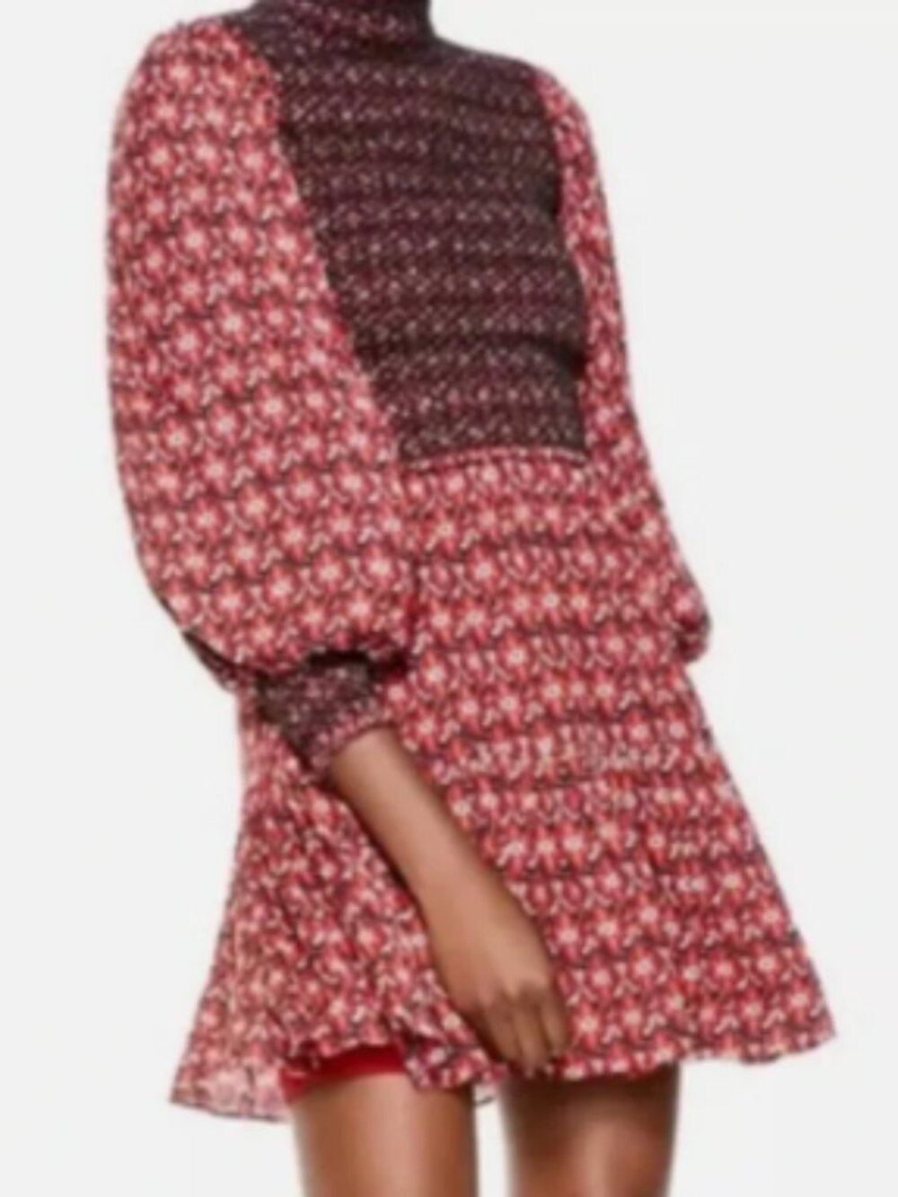 NWT Alice + Olivia Red Elvira Smocked Bodice Mini Dress Red/Black Floral